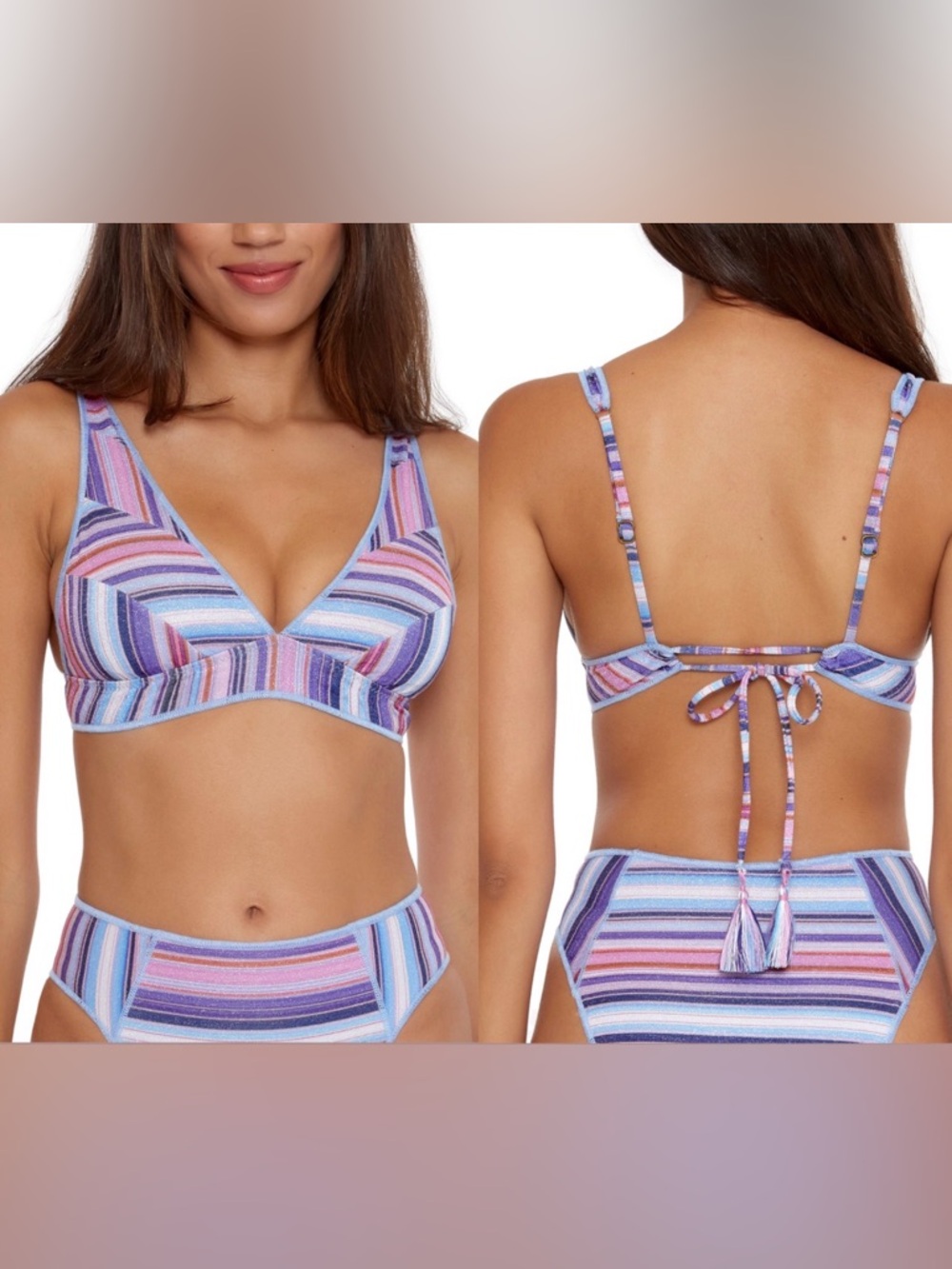 Becca Striped Pastel Triangle Bikini Top and Bottom - Lavender, Pink, Blue